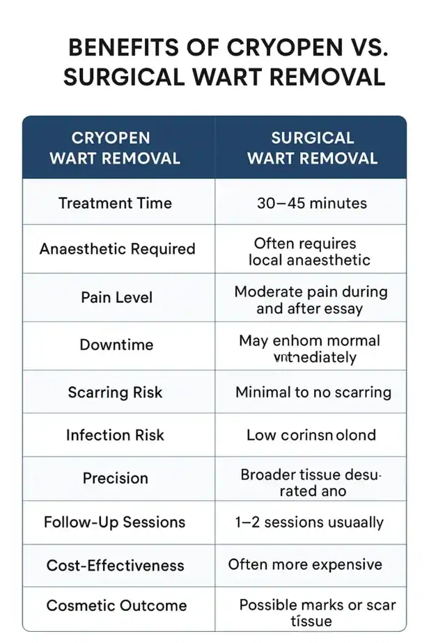 Table showing the benefits of cryopen to remove warts Chesterfield compared to surgical treatment